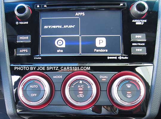 2016 WRX, WRX Premium, WRX Limited, and STI standard 6.2" audio system at the App screen with Starlink, Pandora, Aha apps. STI shown with dual zone climate control