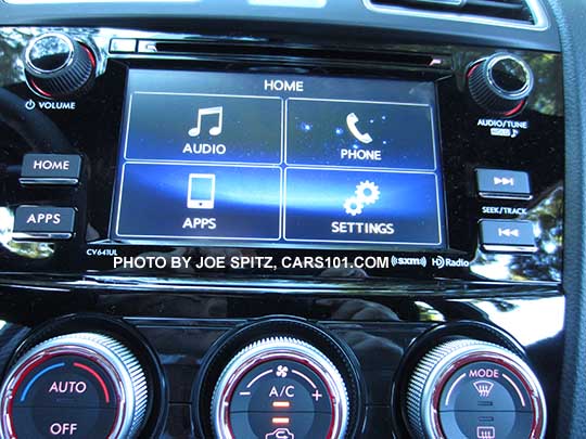 2016 WRX, WRX Premium, WRX Limited, and STI standard 6.2" audio system at the HOME screen. WRX shown with single zone climate control