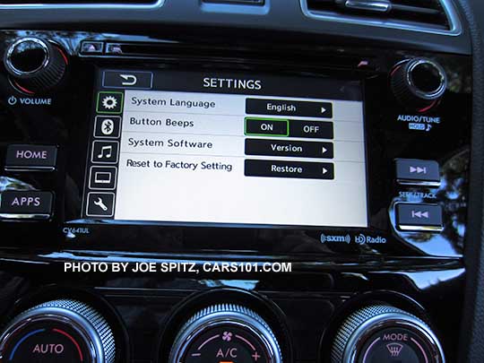 2016 WRX, WRX Premium, WRX Limited, and STI standard 6.2" audio system at the SETTINGS screen. WRX shown with single zone climate control