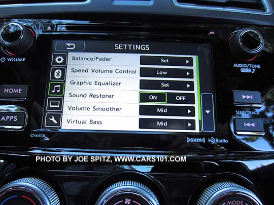 2016 WRX, WRX Premium, WRX Limited, and STI standard 6.2" audio system at the music settings screen. WRX shown with single zone climate control
