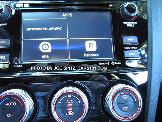 2016 WRX, WRX Premium, WRX Limited, and STI standard 6.2" audio system at the App screen with Starlink, Pandora, Aha apps.  WRX shown with single zone climate control
