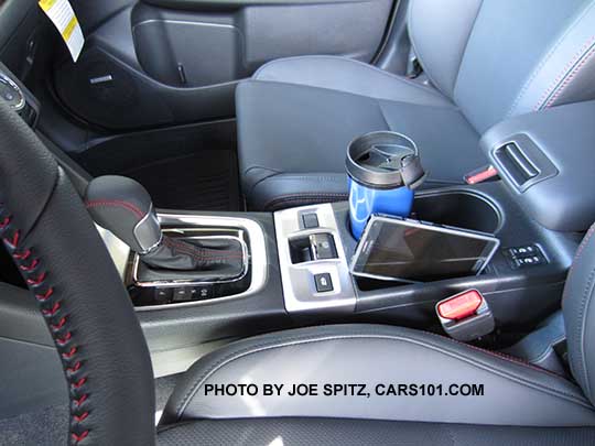 2016 WRX Limited CVT center console with electric parking brake, cupholder, cell phone slot where the manual parking brake was, heated seat buttons, optional armrest extension
