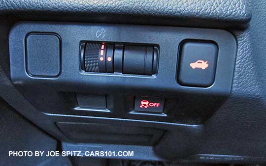 2017 and 2016 WRX and STI driver controls by driver's left knee, with trunk release, VDC off, dash light adjustment