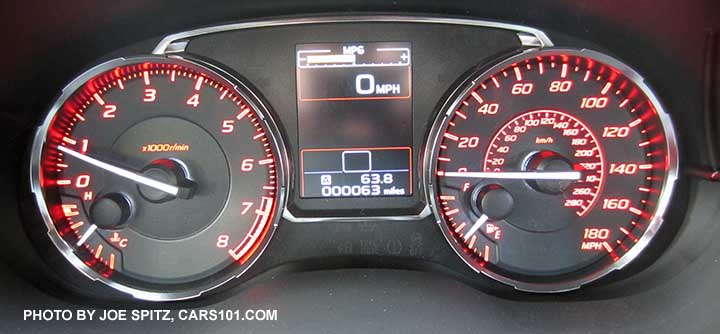 2016 Subaru WRX instrument panel gauges- analog tach, analog and digital speedometer, digital