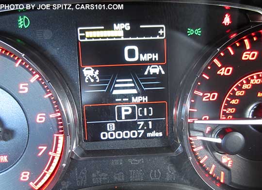 2016 WRX LCD display between the tach and speedometer showing optional Eyesight cruise control time/distance settings