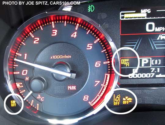 2016 WRX instrument panel with Eyesight OFF lights circled