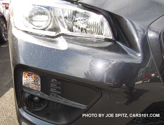 2016 WRX base and Premium models headlight with silver inner headlight surround, Base model shown without fog lights.  Dark gray shown (dirty).