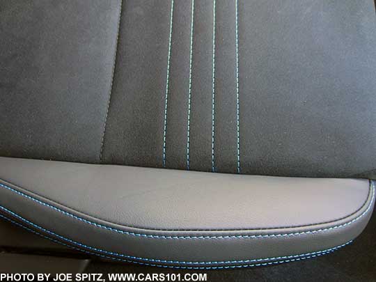 closeup of the 2016 Subaru WRX STI Series.HyperBlue alcantara seating surface, black leather, hyperBlue stitching. Passenger seat shown.