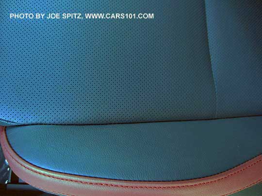 closeup of the 2016 Subaru STI Limited carbon black perforated leather, red trim