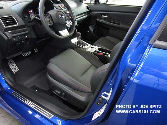 view of the driver's seat of the 2016 Subaru WRX Limited center console with CVT automatic, Optional front door sill plate. WR Blue car shown.