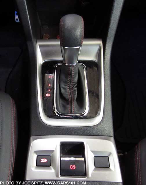 2016 WRX CVT shift knob with gloss black surround, and redesigned console with electric parking brake