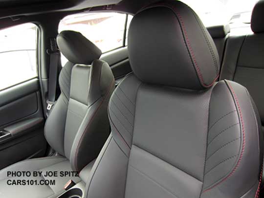 closeup of the 2016 WRX leather seatback and headrest, perforated leather, bolsters with red stitching
