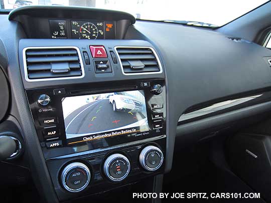 2016 Subaru WRX and STI rear view back up camera in the 7" audio, navigation, infotainment display screen. WRX shown. Navigation is standard on the STI Limited and Series.HyperBlue models