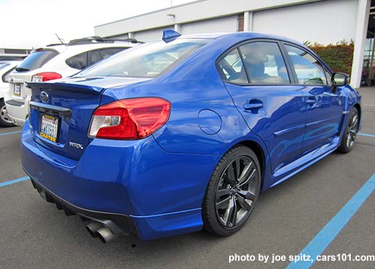 2016 WRX and STI optional rear aero splash guards. Lapis blue WRX shown