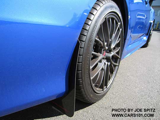 2016 WRX STI with aftermarket Rally Armour brand splash guards. Rear shown.