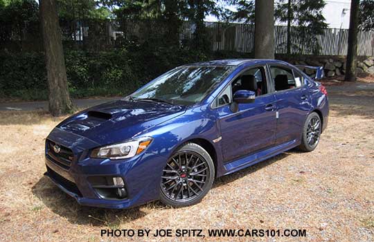 2016 Impreza WRX STI, tall spoiler, 18" gray wheels, new for 2016 WRX, STI lapis blue color shown