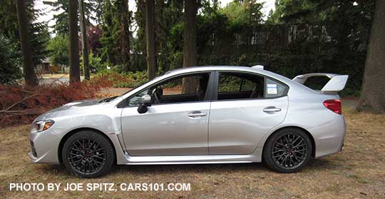 profile side view 2016 Subaru WRX STI, tall spoiler, ice silver