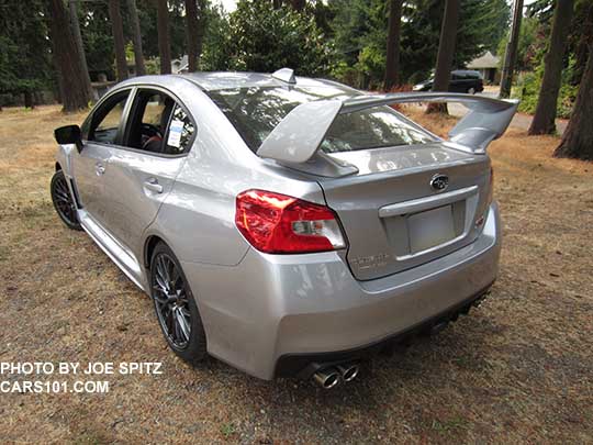 rear view 2016 Subaru WRX STI standard tall rear spoiler, ice silver shown