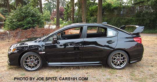 side view 2016 Subaru Impreza WRX STI Limited, 18" BBS alloys,  crystal black, tall rear spoiler
