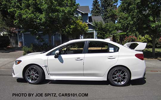 side view 2016 Subaru Impreza WRX STI Limited, 18" BBS Alloys, tall spoiler, crystal white