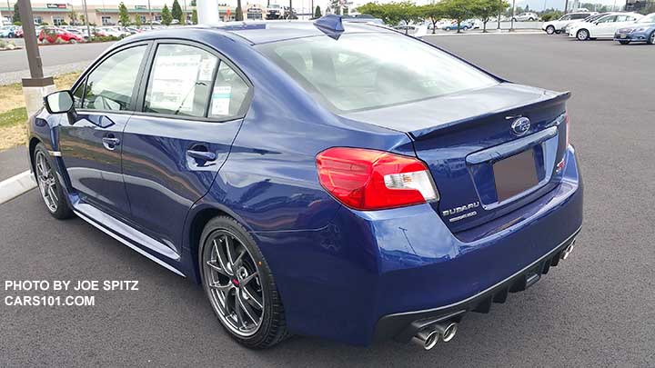 new for 2016 small rear trunk lip spoiler on a 2016 Subaru WRX STI Limited, lapis blue color