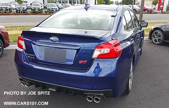 rear view trunk small lip spoiler 2016 Subaru WRX STI Limited, lapis blue color