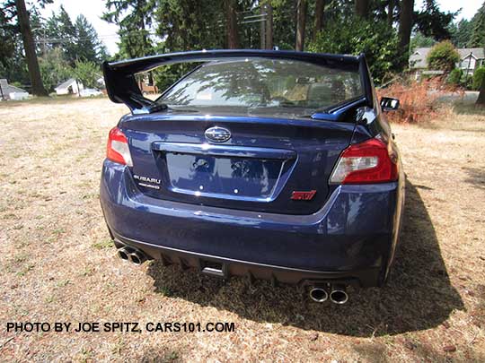 rear view 2016 WRX STI with tall rear spoiler, new for 2016 WRX, STI Lapis Blue shown