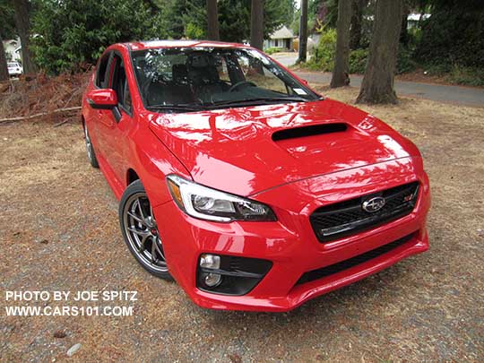 front view grill, fog light, black inner headlight surround  2016 Pure Red Subaru WRX STI Limited