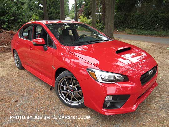 front view grill, fog light, black inner headlight surround  2016 Pure Red Subaru WRX STI Limited