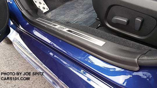 2016 STI standard front door sill plate, driver's door. Lapis Blue shown