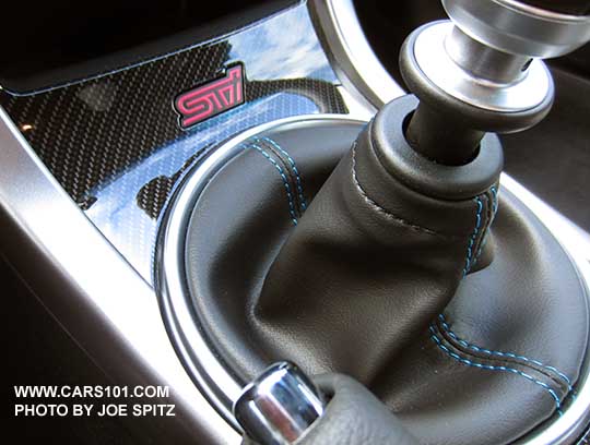 closeup of the 2016 Subaru WRX  STI Series.HyperBlue shift knob with hyperblue stitching shift boot