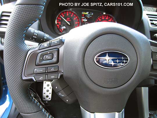 closeup of the HyperBlue stitching on the 2016 WRX STI Series.Hyperblue steering wheel. Notice the dimpled hand grips, on STIs only