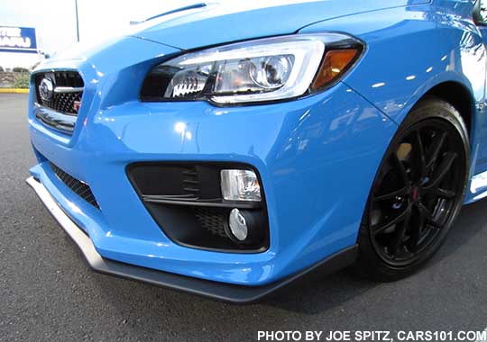 2016 WRX and STI with optional front underspoiler. Dealer installed. STI Series.Hyperblue shown.