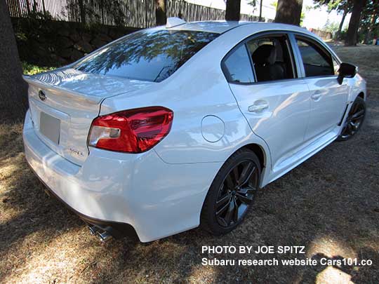 rear view 2016 WRX Limited, rear lip spoiler, 18" gray 5 split-spoke alloys, crystal white