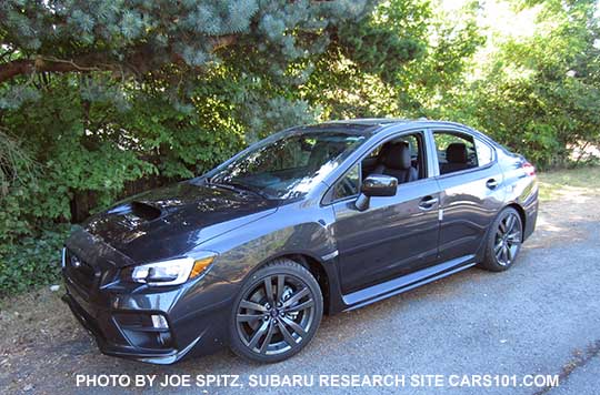 dark gray 2016 WRX Limited sedan, fog lights, 18" gray 5 split-spoke alloys, black inner headlight surrounds