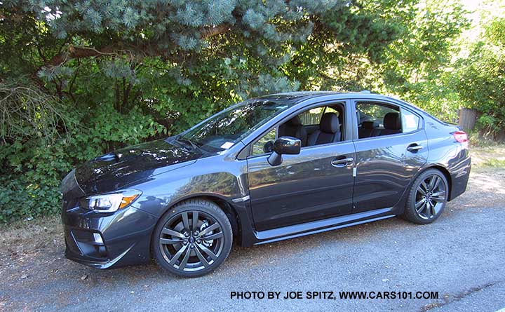 side view 2016 dark gray Subaru WRX Limited sedan, 18" gray 5 split-spoke alloy