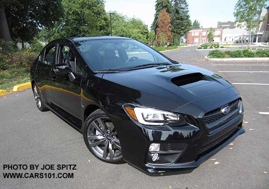 crystal black 2016 Subaru WRX Limited has black iiner headlight surrounds, fog lights, 18" 5 split-spoke alloys