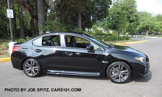 side view 2016 Subaru WRX Limited, 18" gray split-spoke alloys crystal black color shown