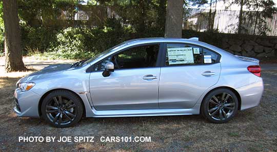 profile view 2016 WRX Premium, Ice silver, 18" gray 5 split-spoke alloys, small rear lip spoiler