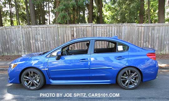 side view 2016 Subaru WRX Limited,  WRBlue color shown, with optional side moldings