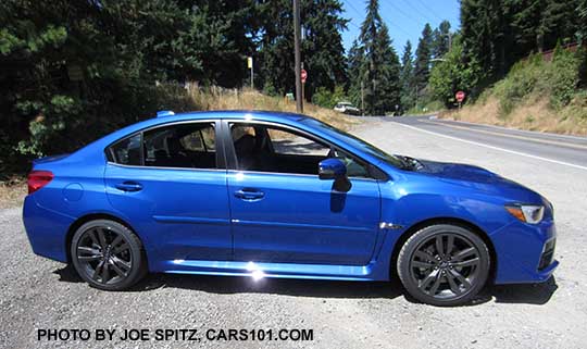 side view 2016 Subaru WRX -  WR World Rally Blue, 18" gray split spoke alloys