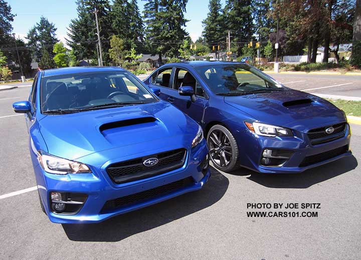 two blue 2016 Subaru WRXs-  Lapis Blue and WR Blue colors side-by-side