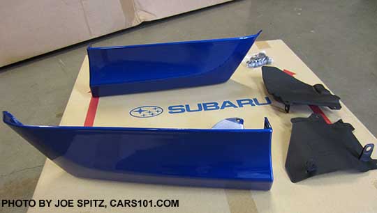 set of two optional 2016 WRX aero splash guards, not installed, WRBlue  shown