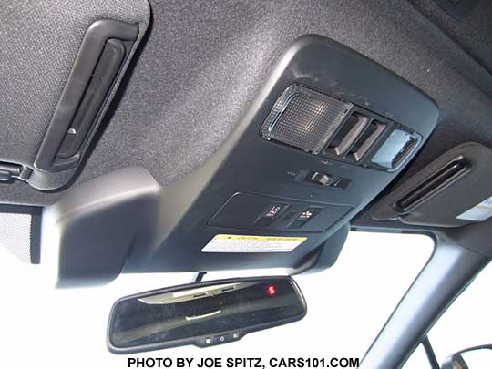 2016 WRX overhead console with optional Eyesight, as seen from the driver's seat. With Eyesight on/off and monroof open/close buttons, and dual map lights with door open/lights on switch