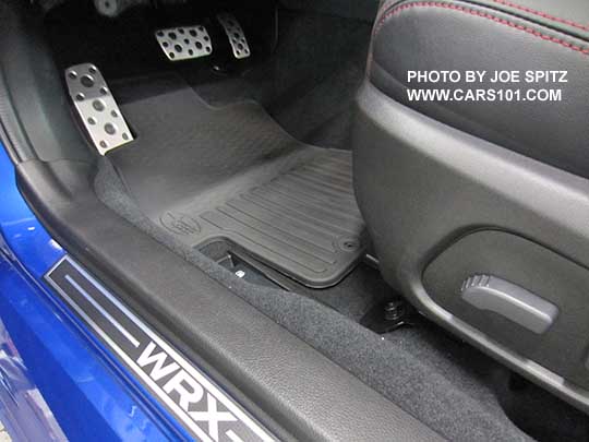 2016 WRX CVT transmission has brake, gas and footrest metal pedals. Shown with optional rubber floor mat and front door WRX door sill plate.