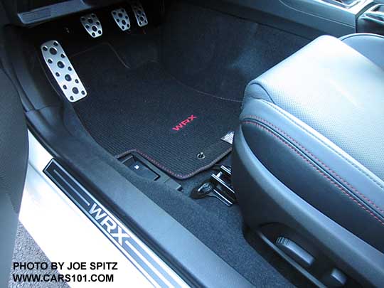 2017 and 2016 WRX with clutch, brake, gas and footrest metal pedals. Shown with the standard carpeted floors mat and optional WRX door sill plate.