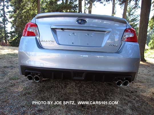 2016 WRX Premium rear view with standard rear lip spoiler, ice silver shown