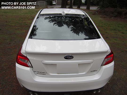 rear view 2016 WRX sedan, crystal white, with optional roof mounted Vortex Generator