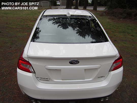 rear view 2016 WRX sedan, crystal white, with optional roof mounted Vortex Generator