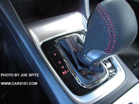 2016 Subaru WRX Limited CVT automatic transmission, leather wrapped shift handle, gloss black shift surround, Drive and Manual modes.